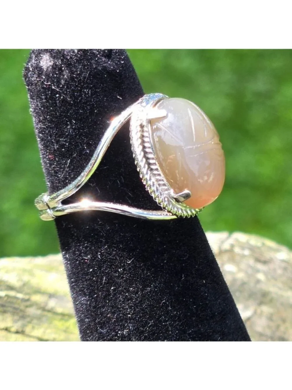 MCM Burt Cassell Scarab beetle ring stone 12K White GF Egyptian revival VTG 5.5